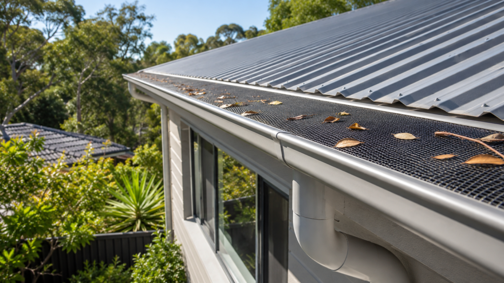 Protective mesh fitted across a home gutter